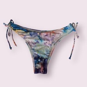 White and Rainbow Marble Print High Rise Cheeky Bikini Bottoms Small